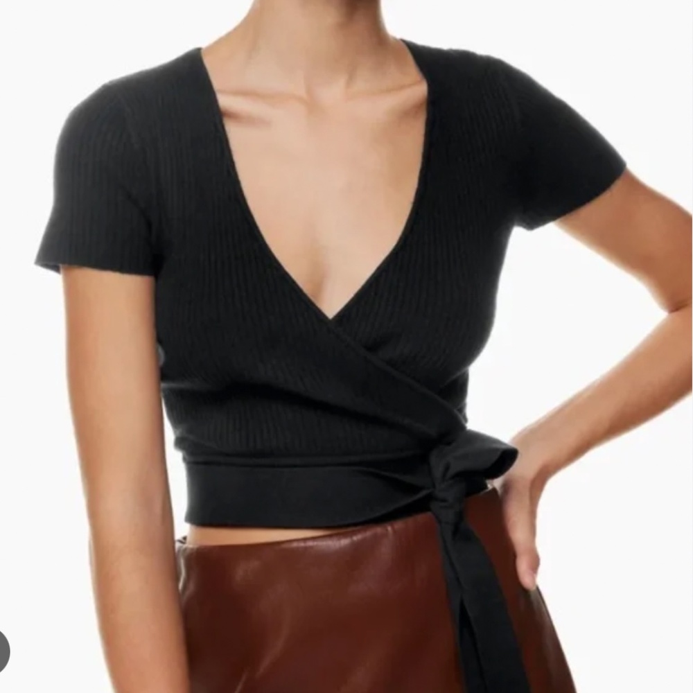 Aritzia Wilfred All Tied Up Sweater Short Sleeve Black Wrap Ribbed Knit XS
